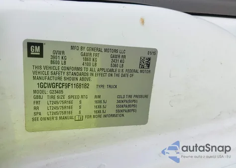 2015 Chevrolet Express 2500 Work Van z USA, uszkodzony, nr VIN 1GCWGFCF9F1168182